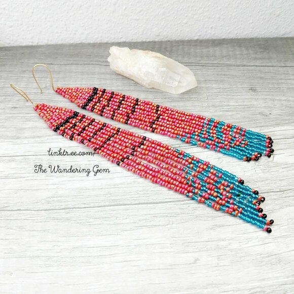 Long Boho Chic Beaded Fringe Cascade Shoulder Duster Dangle Earrings, 7" - Picture 4 of 8